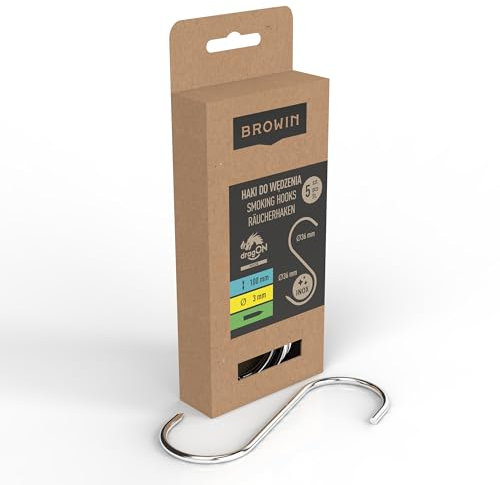 Browin® Traditionelle Raucherhaken 311205 | Haken in S Form | Hochwertige Edelstahlhaken für authentisches Räuchern | Fleischhaken | Perfektes Zubehör für Räucherfreunde, fi 3 mm, 5 Stück