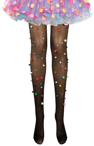 BOFUNX Damen Glitzer Candy Strumpfhose mit Strasssteinen 3D Bunte Pompons, Clown Strumpfhose Candy Kostüm Zubehör für Fasching Mottoparty Festival Party