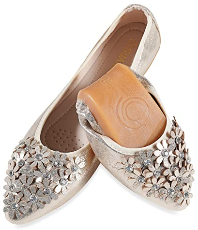 YOUNIFIZ Zapatos de ballet para mujer, elásticos, plegables, portátiles, con cuentas brillantes, Flor dorada, 37 EU