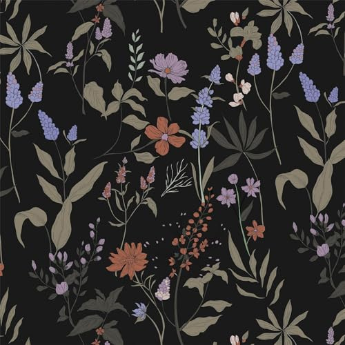 Timeet Self Adhesive Wallpaper Black Floral 44CM×3M Waterproof Peel and Stick Wallpaper Orange Purple Flowers Leaves Contact Paper Thicken Sticky Back Plastic Removable Vinyl Wrap for Wall Cabinets