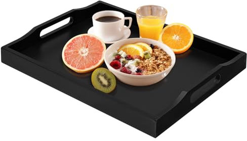 Bamboo Serving Tray with Handles, Breakfast Wooden Tray for Food,Snack,Dinner, Home Decorative Storage, Platter, Ottoman,Kitchen Counter, Bathroom, Restaurant (Black)