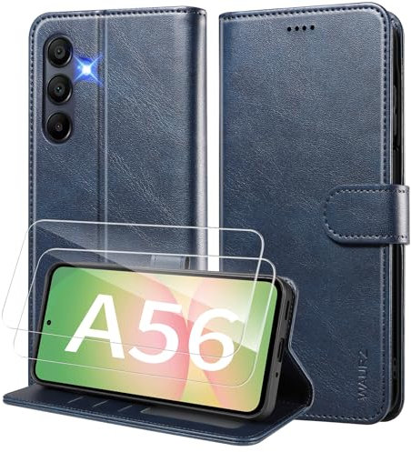 WAURZ Hülle für Samsung Galaxy A56 5G Handyhülle mit 2 Schutzglas Schutzfolie Hülle Schutzhülle Leder Klappbar Flip Case Kartenfach Ständer Handytasche Hüllen Etui Cover Klapphülle,Blau