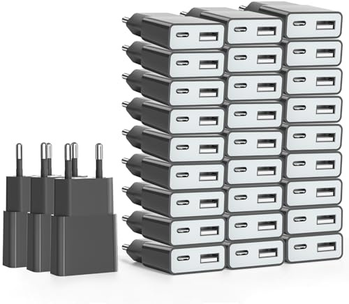 30 caricabatterie USB 5 W Slim spina di ricarica alimentatore di rete 5V 1A 2 porte USB C+A,adattatore di alimentazione per iPhone, lettore eBook, Xperia, MP3 ((Thickness 1.45cm/30packs))