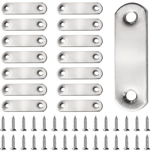 VooGenzek 15 Piezas 56x16x2 mm Soportes de Esquina Planos, Soportes Rectos Planos de Acero Inoxidable, Soportes Rectos de Placa Plana, con 30 Piezas Tornillos, para Reparación de Muebles de Madera