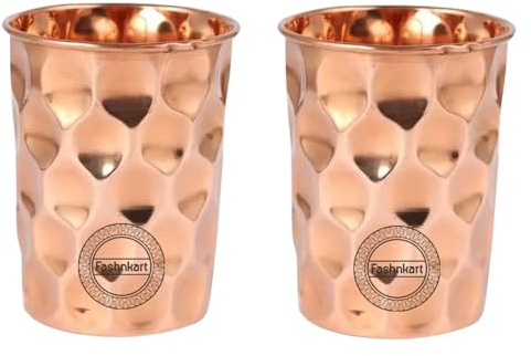 Bicchieri in rame puro Set di 2 bicchieri per acqua potabile Ayurveda Health Pure Tumblers Tazze in rame 10,14 Oz 300 Ml (diamante)