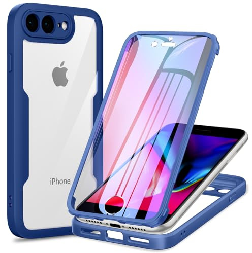 Phoona 360 degrés Coque pour iPhone 8 Plus/iPhone 7 Plus avec Protection d'écran, Silicone Antichoc Anti-Rayures Intégrale Étui Housse pour iPhone 8 Plus/iPhone 7 Plus, Bleu