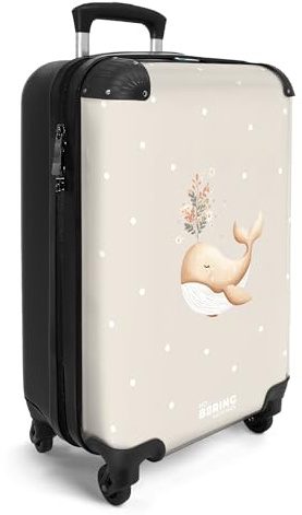 NoBoringSuitcases© Handgepäck Koffer Kinder Reisekoffer Kinderkoffer 4 | 55x35x20 cm - Rollen Leicht Cabin Kindertrolley Reise Hartschalenkoffer Walfisch - Meer - Beige - Punkte