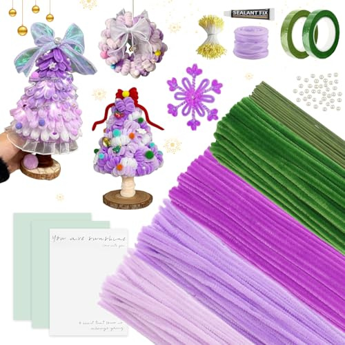 RobLuX 400 Stück Pfeifenreiniger Blumen Set Violett Tulpe Blumenstrauß DIY Basteln Pfeifenputzer zum Basteln Blumen mit Blumendraht Schleifenband Blumen Staubblatt Kleber Perlen für Blumenstrauß