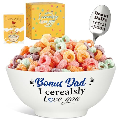 Ciwuchu Bonus Dad Gifts - Cereal Bowl and Spoon Set with Card for Stepdad, Step Dad Gifts from Daughter Son, Ceramic Cereal Bowl Gift for Father’s Day, Birthday, Christmas, Thanksgiving