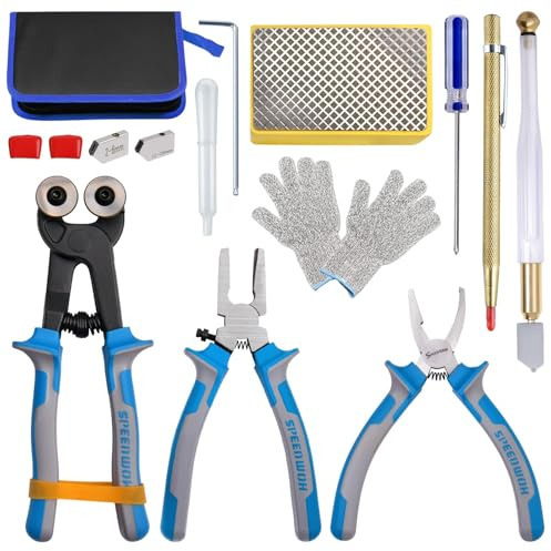 SPEEDWOX 14Pcs Premium Glass Running Breaking Pliers and Class Cutter Tools Kit Breaker Grozer Pliers Heavy Duty Glasses Cutting Tool with Rubber Tip Work Great for Stained Glasses, Tiles, Mosaic
