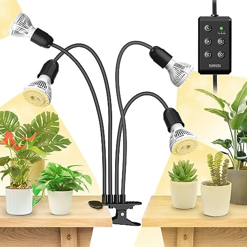 SANSI 600W LED Grow Lights, 4-Head Full Spectrum LED Plant Lamp with Clip, 4000K Sunlike, Timer 4/8/12 Hrs for Indoor Seedlings Germination (Lifetime Free Bulb Replacements) - Black