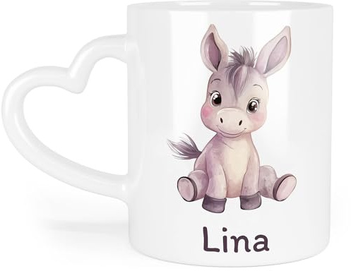 Kiddle-Design Kindertasse mit Namen Personalisiert, Personalisierte Tasse Kinder mit Esel, Namenstasse Eseltasse, Kinderbecher als Geschenk zur Geburt, Taufe Weihnachten - Tasse Herzhenkel