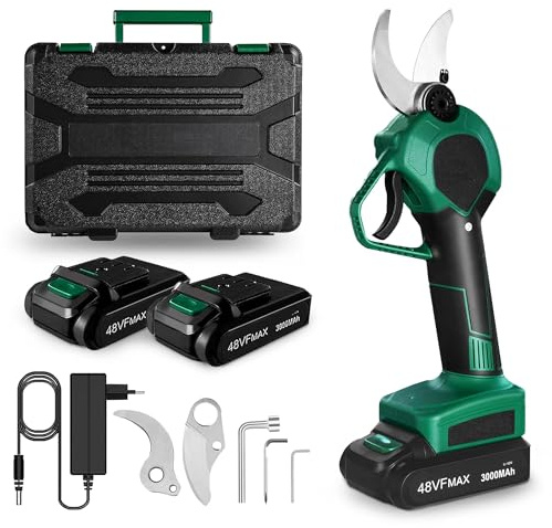 UISEBRT Tijeras de podar eléctricas con 2 baterías recargables y 2 cuchillas - Tijeras de podar profesionales con batería de 48 V 3000 mAh, diámetro de corte 30 mm, tijeras de corte para jardines