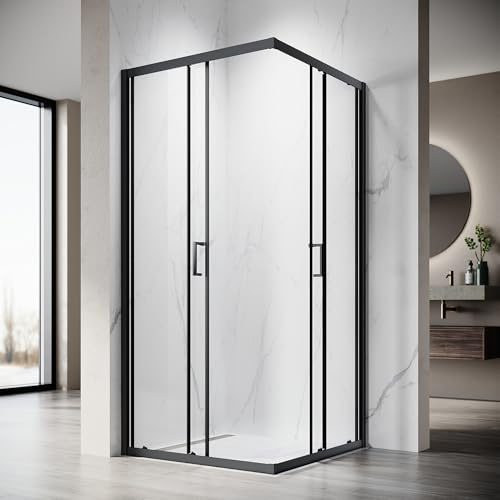 SONNI Eckeinstieg Duschkabine 100x100x195 cm, Schiebetür, 5mm ESG, Schwarz | 5mm ESG Sicherheitsglas mit leichtlaufender Schiebetür und platzsparendem Eckdesign für komfortable Nutzung,einfache Montage.