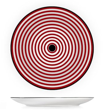 H&H by Bruno Barbieri, Collezione Nomad - Set di 6 Piatti Piani, Diametro 27 cm, Bianco e Rosso con Cerchi Concentrici, Bordo Nero, in Porcellana, Lavabili in Lavastoviglie e Microonde