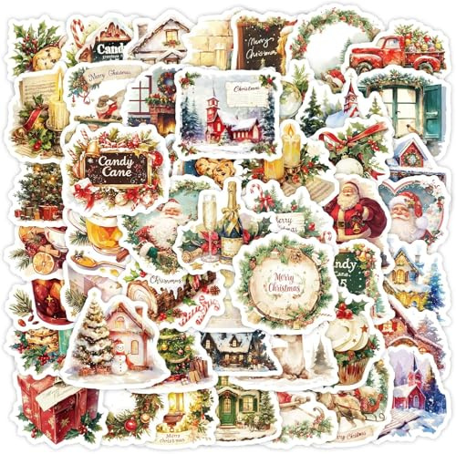 50 Pcs Christmas Stickers Vinyl, Waterproof Holiday Stickers for Crafts, Xmas Party Favors, Kids Scrapbook & Card Making Decals, Bulk Christmas Stickers Pack