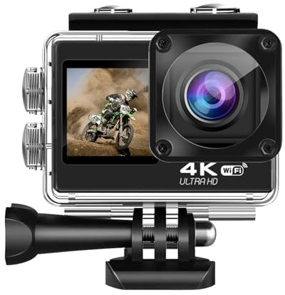 WAFOHSR Caméra d'action 4K 60FPS Double Écran 2 Pouces WiFi HD Vélo Moto Casque Étanche Sport Vidéo XDV Caméras Haute RéSolution