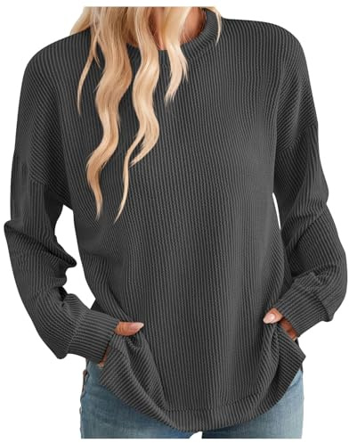Sudadera ligera con abertura lateral para mujer 2024 con cuello redondo y mangas largas, gris oscuro, L
