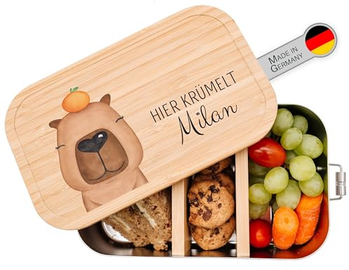 wunderwunsch - Personalisierte Brotdose für Kinder - Robuste und Individuelle Edelstahl Lunchbox Bento Box mit Namen - Personalisierte Geschenke für Kinder (Capybara, klein Edelstahl)