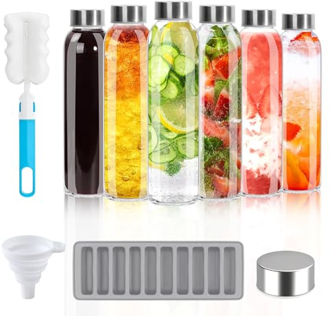 Eidoct 6 Pcs Glass Water Bottles with Lids, 500ml Glass Juice Bottles | Reusable Clear Drinking Bottle with Stainless Steel Airtight Cap, Smoothie Bottle, Juicing Bottles for Sauce Jar, Milk