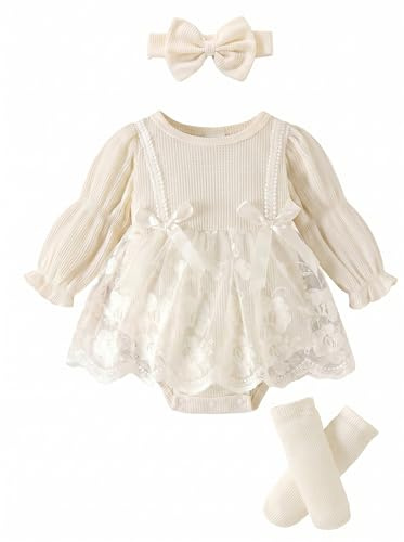 JiAmy Baby flicka klänning 3-delat set outfit långärmad bekväm 0–18 månader, Beige, 12-18 månader