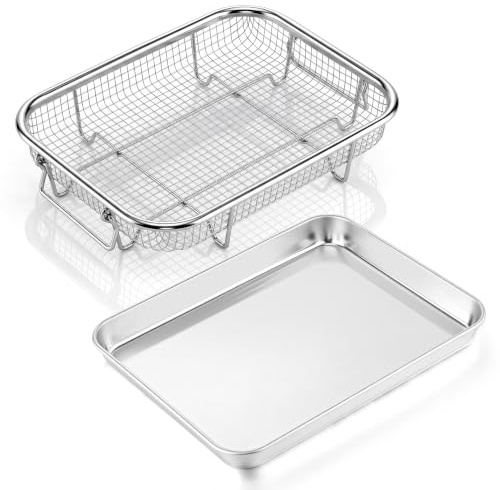 Herogo Stainless Steel Small Rectangle Baking Tray & Basket Set for Oven | Crisper Oven Tray with Crisping Basket, Metal Cookie Sheet Pan and Mesh Crisping Grill Basket for Fried Chicken and Fries
