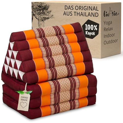 livasia Thaikissen 3 Auflagen extrahoch - 185x55x8cm - Dreieckskissen mit Klappmatratze, Kapok, Jumbo Rückenkissen faltbar, Thaimatte Klappen, handgefertigt, Meditationskissen (Orange)