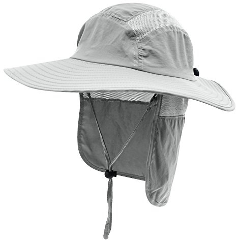 Decentron Outdoor Mens UPF 50+ Sun Protection Cap Wide Brim Bucket Fishing Hat with Neck Flap Sun Hats, Light Gray, L