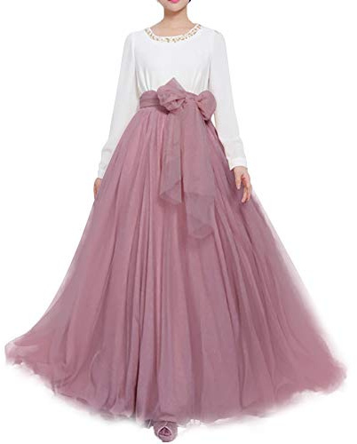 Women Wedding Long Maxi Puffy Tulle Skirt Floor Length A Line with Bowknot Belt High Waisted for Wedding Party Evening(Mauve,Small-Medium)