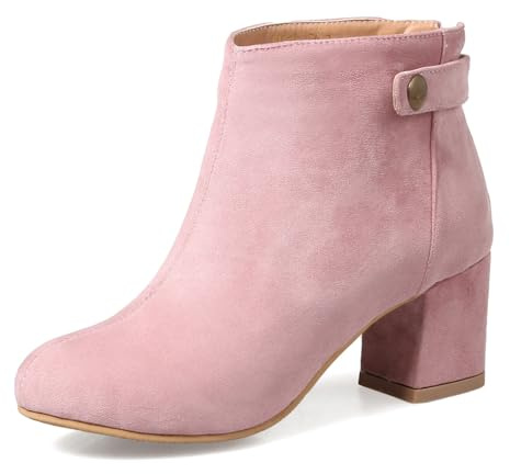 Onewus Women Ankle Chunky Heel Boots with Rounded Toe (Pink, 7 UK)