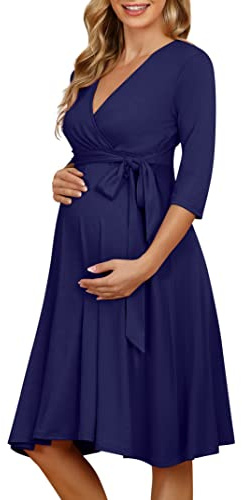 KOJOOIN Robe De Maternité Femme Robe De Grossesse pour Femme Enceinte Robe d'allaitement Col V Manches Longues avec Ceinture