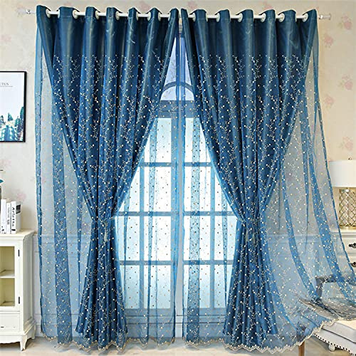 Siunwdiy Soggiorno Moderno Doppio Strato Doppio Pizzo Tenda Tenda Set Di Tenda, Camera Guest Window Tende Per Finestre Decorazione Con Occhielli, 1 Camera,Sapphire blue,200X270cm