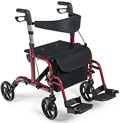 GYMAX 2 in 1 Foldable Rollator Walker, Height Adjustable 4 Wheel Transport Chair with Reversible Backrest, Detachable Storage, Aluminum Walking Aid Assistant for Senior (Red)
