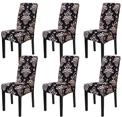 mafudoxi Stuhlhussen 6er Set, Stretch Abnehmbare Waschbar Stuhlbezug, Stretch Stuhlhusse mit Gummiband, für Hotel, Bankett, Restaurant, Haus, Party, Hochzeit(Black-Flowers, 6Stück)