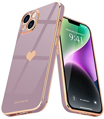 Teageo Hülle kompatibel mit iPhone 14 Plus, Gold galvanisiertes TPU-Silikon mit Liebesherzmuster, stoßfeste Hülle für Mädchen und Frauen, Kratzfeste Schutzhülle für iPhone 14 Plus (Sakura Lila)