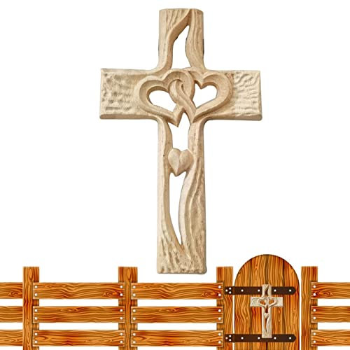 Jildouf Holzkreuz geschnitztes Holzkreuz Designkreuz in Herzform aus Holz für die Wand, Symbol der ewigen Zuneigung, geschnitztes hölzernes Herzkreuz für Wohnkultur