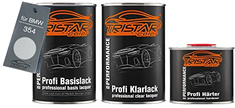 TRISTARcolor Peinture voiture Kit pot prêt à la pulvérisation pour BMW 354 Titansilber Metallic/Titanium Silver Metallic peinture de base + vernis clair 2K 2,5 L