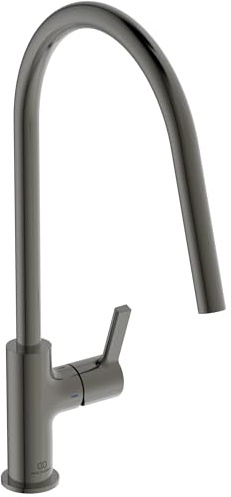 Ideal Standard – Gusto Küchenarmatur, Hoher Auslauf mit zylindrischem Querschnitt, mit FirmaFlow Kartusche, Schwenkbereich 360°, Schnellmontagesystem EasyFix+, Magnetic Grey
