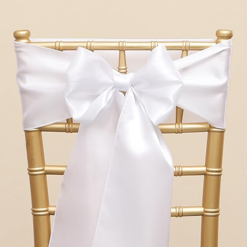 ZSJFMF Pack of 50 Satin White Chair Sashes Bows 7 X 108 Inch Universal Chairs Ribbons for Wedding Ceremony Party Banquet Restaurant Event Decorations - White Chair Sashes 50 Pack