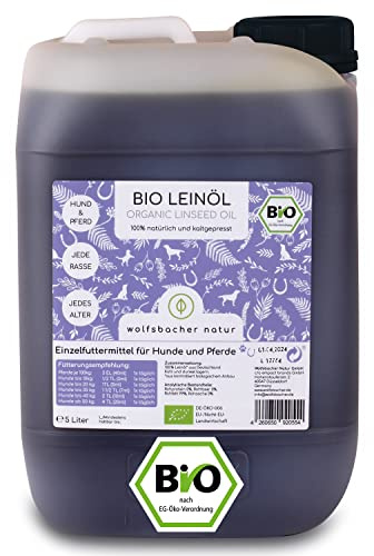 Wolfsbacher Natur Bio Leinöl – Hochwertiges Leinöl für Hunde, Katzen und Pferde, kaltgepresst aus Deutschland, DE-ÖKO-060, Leinöl 5l