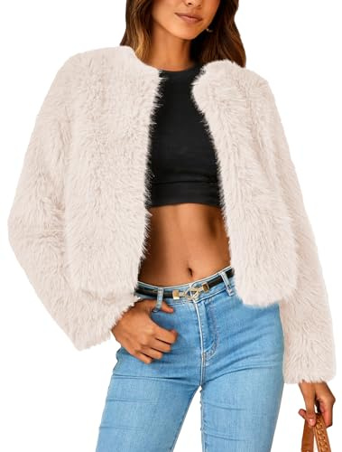 PRETTYGARDEN Women's 2025 Winter Coats Fleece Cropped Jacket Faux Fur Long Sleeve Pockets Shaggy Warm Outerwear Fall Clothes (Apricot,Small)