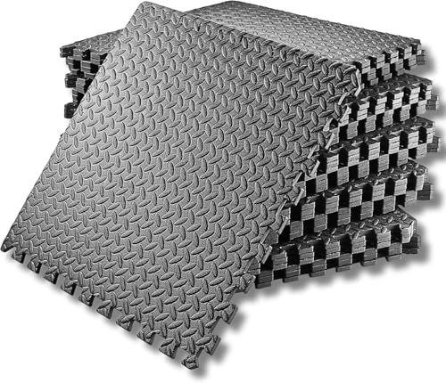 SAKUSEI Tools 60x60x1cm Soft Interlocking Gym Flooring - Heavy Duty EVA Foam Floor Mat for Home Gym, Yoga, Garage, Non-Slip. (Black, 4 Mats (16 sq ft.))