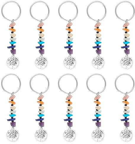 UNICRAFTALE 16 Stk 7 Chakra Schlüsselanhänger Kristall Edelstein Chips Schlüsselanhänger Mit Legierungs Anhänger Zubehör Flach Rund Baum des Lebens Schlüsselanhänger Steinanhänger DIY Geschenk