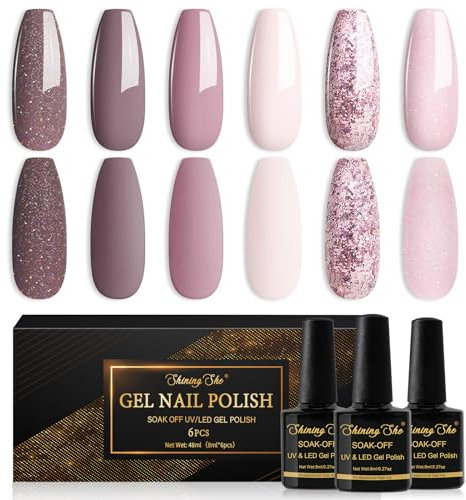 Shining She Vernis Semi Permanent, 6 Couleurs Nudee Rose Taupe Paillettes Gel UV Semi Permanent Soak Off UV/LED Vernis à Ongles Pour Salon De Manucure DIY Home, 8ml