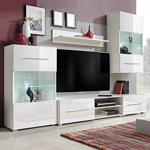 Gecheer Muebles de salón Moderno 5 Piezas con iluminación LED,Mueble salón Modular,Conjunto Completo Mueble TV,Mueble de TV Multifuncional,Modulos de Comedor,Armario de Almacenaje,Blanco