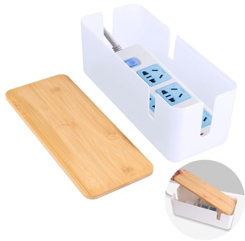 VFANDV Kabelbox, Kabelmanagement Box Aufbewahrungsbox für Kabel mit Bambusdeckel, Kabelaufbewahrungsbox zum Verstecken von Kabeln Organisieren von Computerverkabelung und Losen Kabeln (Weiß)