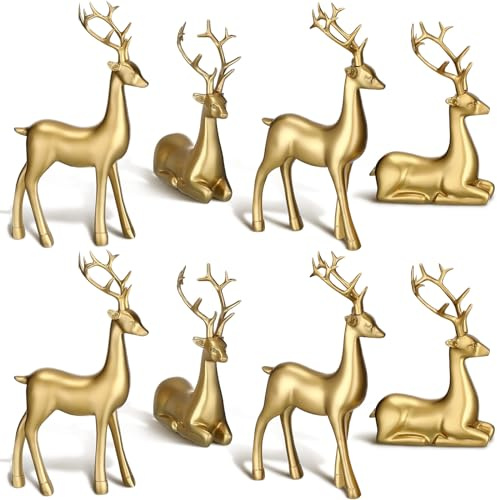 Wenqik 8 Pcs Christmas Reindeer Figurines Gold Deer Christmas Decor Xmas Sitting Standing Deer Statues Rustic Small Reindeer Sculpture for Home Living Room Cabinet Table Office Indoor Decoration Gift