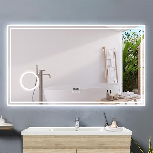 Acezanble LED Badezimmerspiegel 160x80cm mit Bluetooth Uhr 3-Fach Schminkspiegel LED Badspiegel Touch Beschlagfrei Wandspiegel 3 Lichtfarbe Dimmbar mit Speicherfunktion