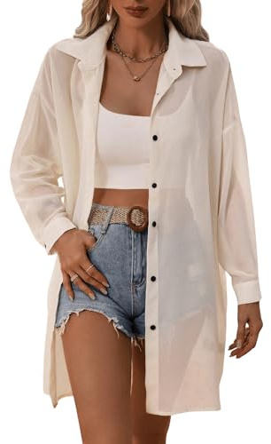 GORGLITTER Damer transparent blus meshskjorta button down lös topp lång chiffongblus skjortblus, Aprikosfärger, M