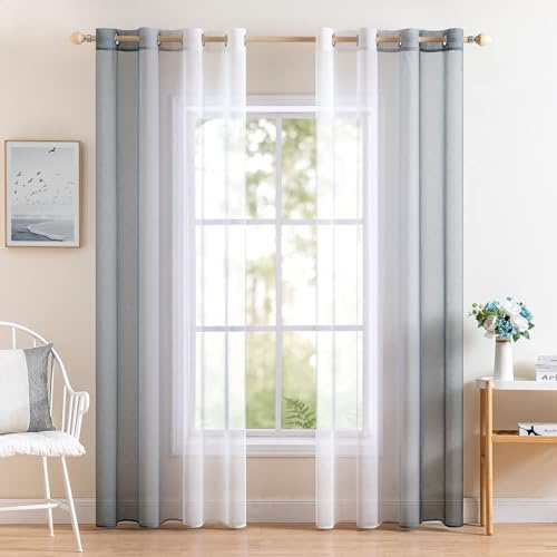 MIULEE Grau Zweifarbig Voile Gardinen mit Ösen 140x200cm 2er Set
